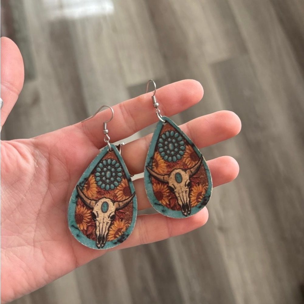 Turquoise Floral Cow Skull Teardrop Earrings - Women Jewelry